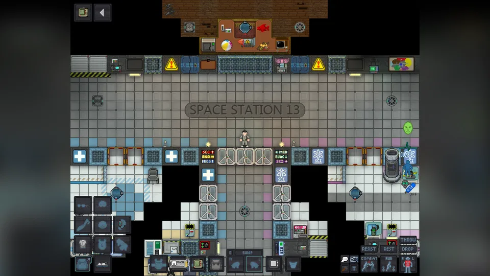 A Space Station 13 player stands in the main station hall with the in-game inventory HUD around the screen.