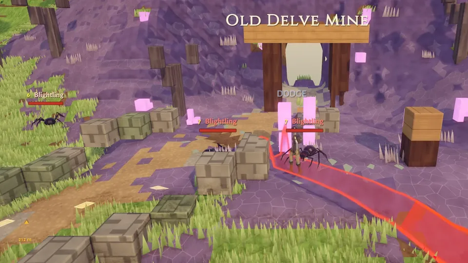 A player character faces blightling spiders at the Old Delve Mine entrance in Marked Ages, with a red dodge lane on the ground.