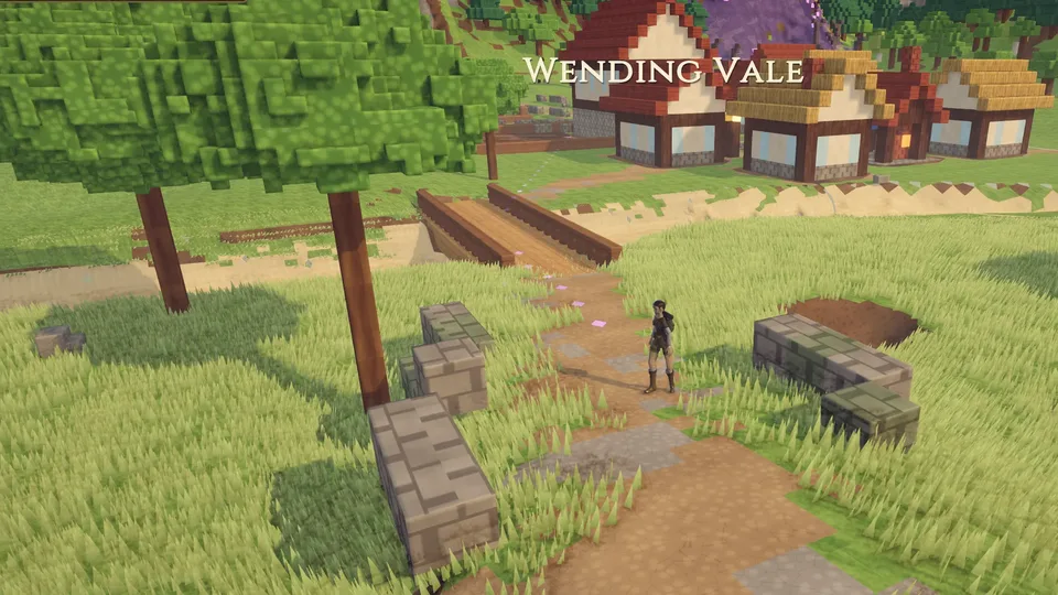 A player character on a dirt path in Wending Vale in Marked Ages, with thatched houses ahead.