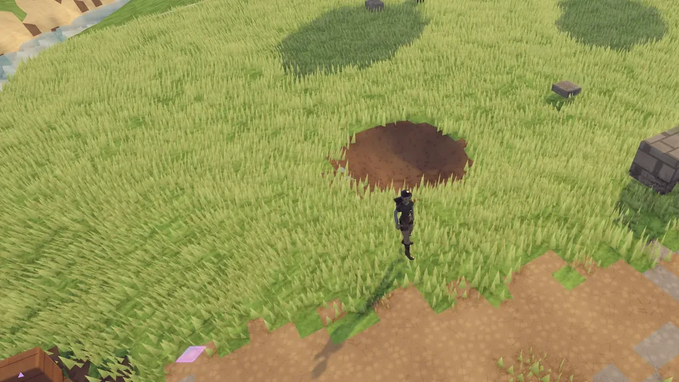 A player character stands beside a crater in a grassy field in Marked Ages.