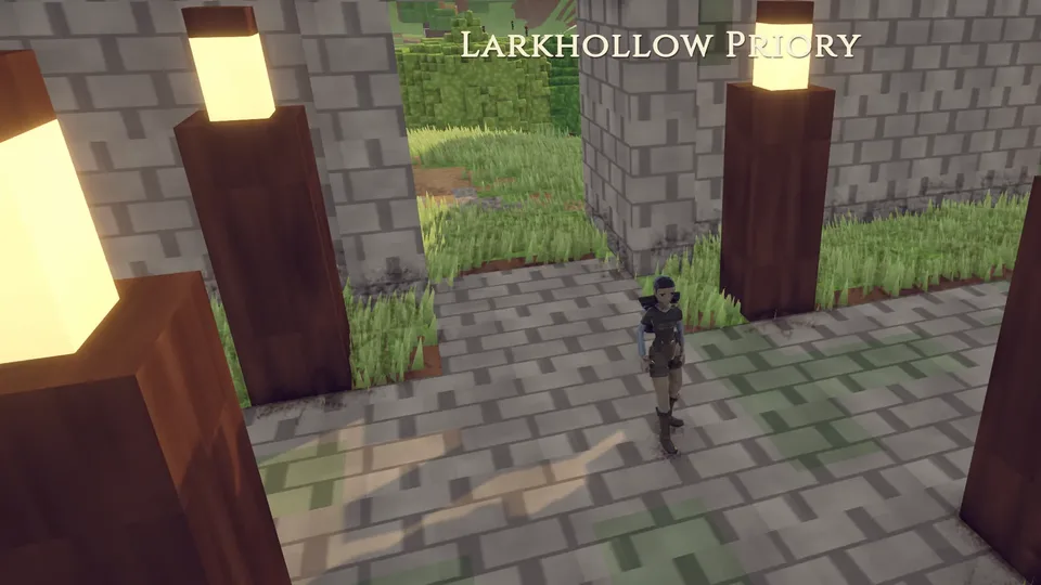 A player character walks between stone walls and lit lanterns at Larkhollow Priory in Marked Ages.