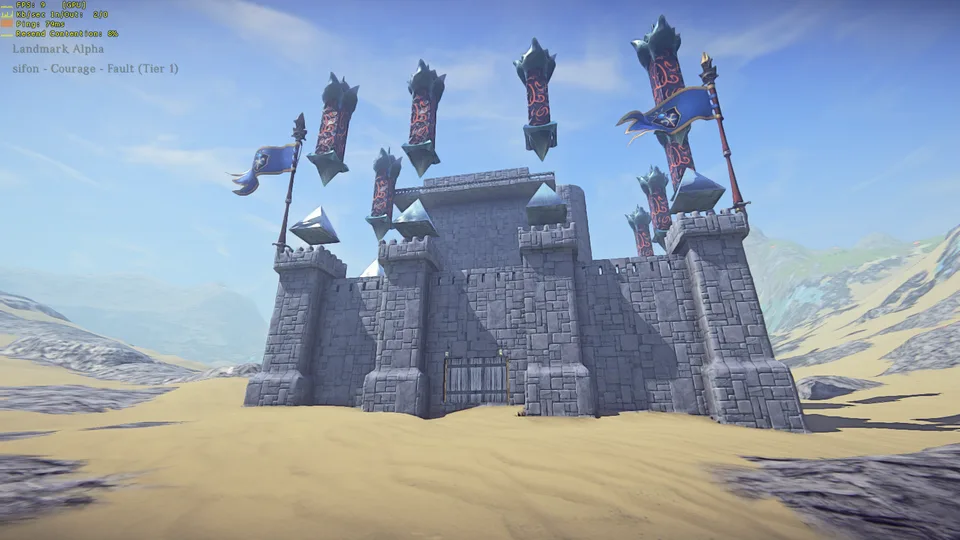 A player-built stone castle with banners and floating spiked towers stands on a desert dune, with an FPS and ping overlay in the top-left.