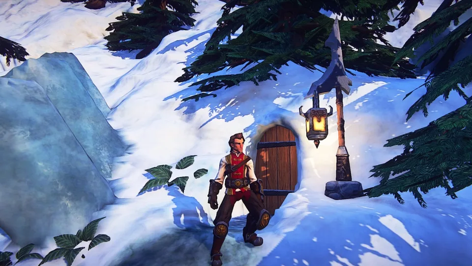 A character in a red vest stands in a snowy forest beside a wooden door set in a snow bank and a lantern post.