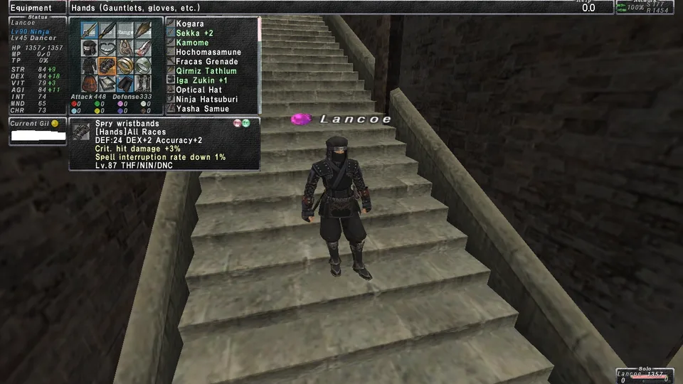 A ninja character standing on a stone staircase with the equipment menu, status window and item description open on screen.