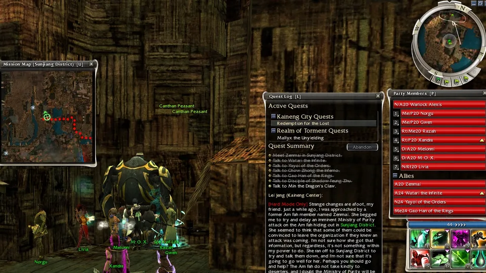 A party in Sunjiang District with mission map, quest log, party window and minimap visible.