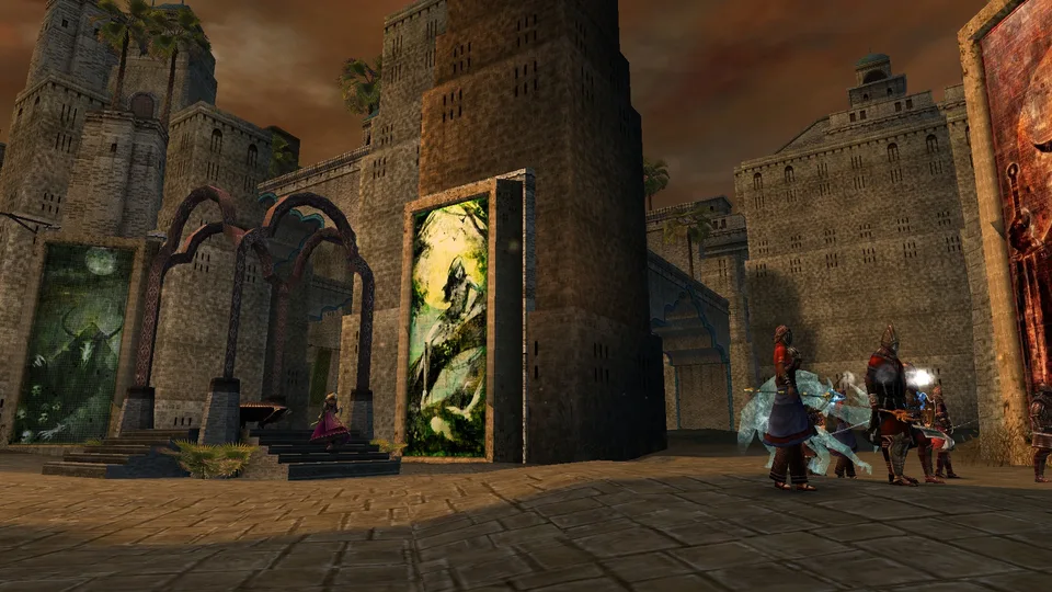 A plaza with hanging banners and a group of player characters in a desert city.