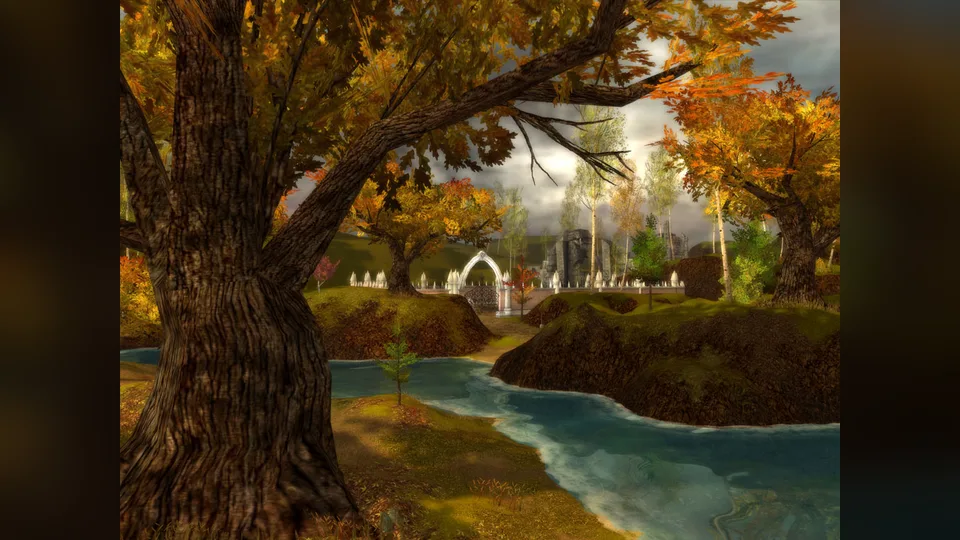A river among autumn trees with a white arched gate and stone ruins in the distance.
