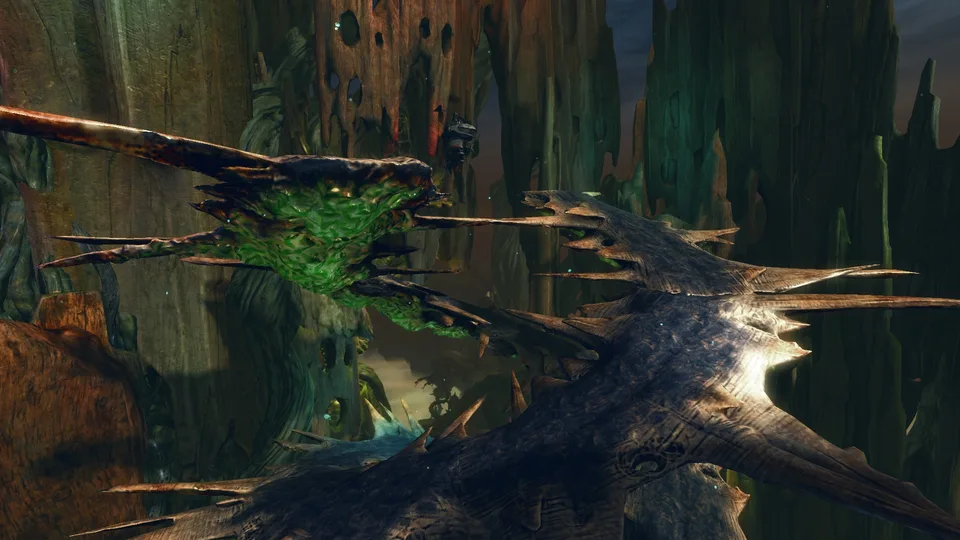 Giant thorn vines and a small airship in Dragon's Stand.