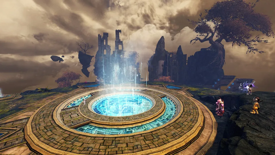 The Mistlock Observatory fractals hub with a glowing fountain platform and several players.
