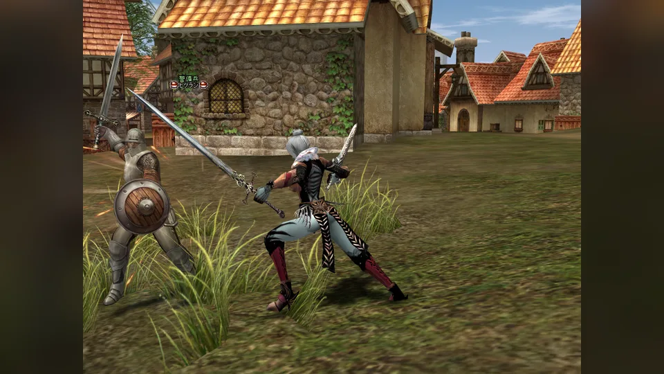 A sword-wielding Dark Elf fights an armored knight with a round shield on a grassy village green in Lineage II.
