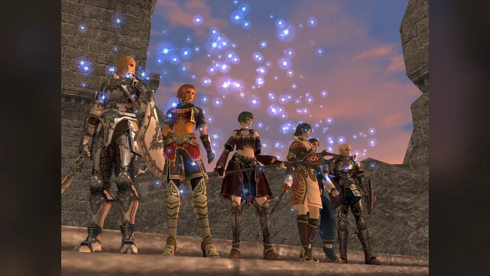 A group of Lineage II characters in varied armor stand together on a rampart at dusk under floating blue sparks.