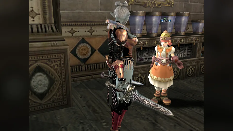 A Dark Elf with a large sword stands next to a smiling Dwarf girl inside a decorated shop in Lineage II.
