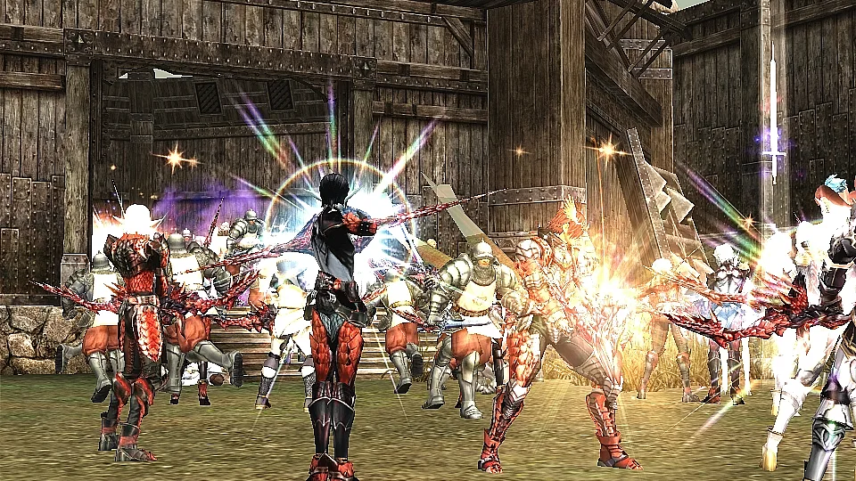 A dense crowd of armored Lineage II players fights inside a wooden castle courtyard with spell effects.