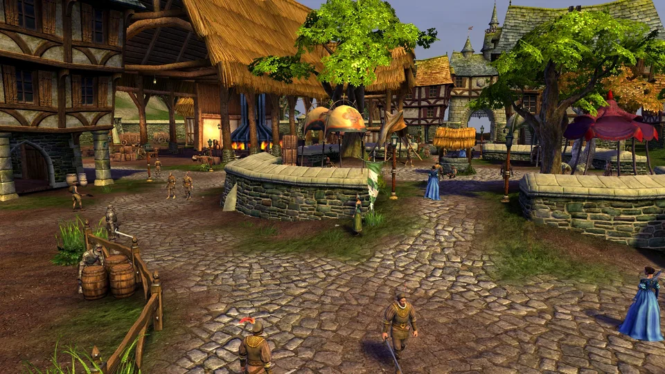 Player characters and NPCs gather in a cobbled town square surrounded by buildings.