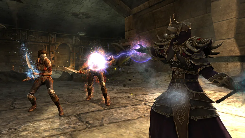 A mage casts a glowing orb at two dagger-wielding characters inside a dungeon.