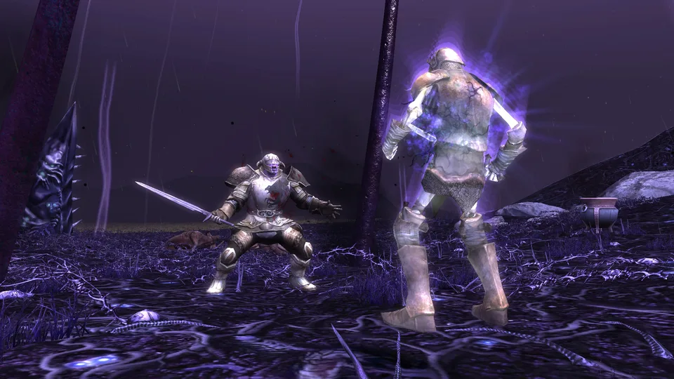 Two armored characters stand in a purple corrupted landscape.