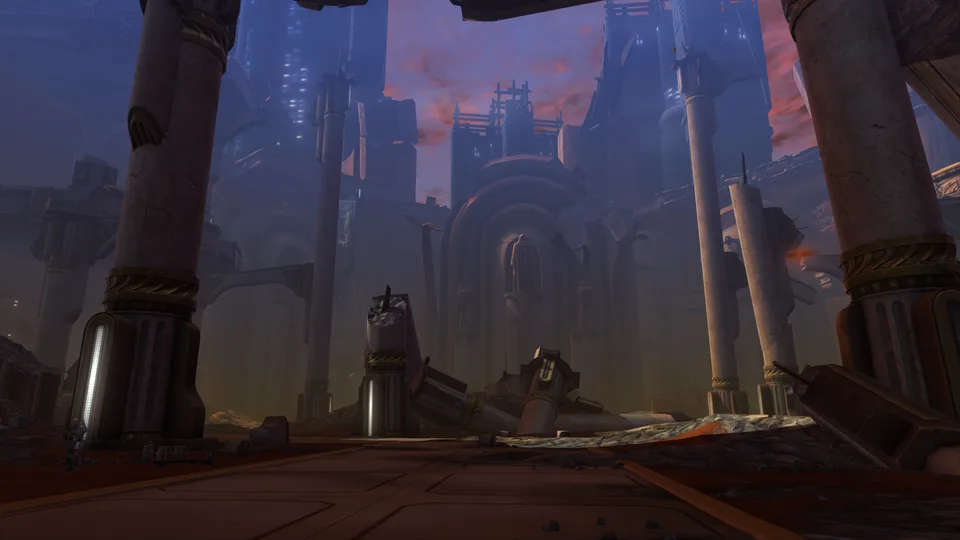 A ruined columned hall under a purple dusk sky, with a few tiny armored figures at the lower left.