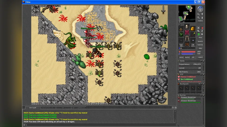 Tibia client in a desert with a sorcerer fighting scorpions and demon skeletons, with the minimap, equipment, battle list and chat console visible.