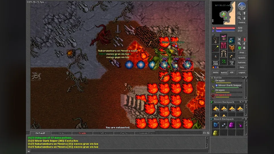 Tibia client showing a sorcerer casting a fire spell on dragons in a lava cave, with the battle list and backpacks open.