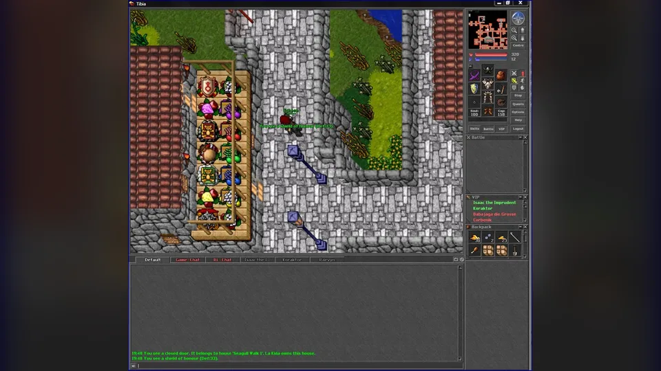 The Tibia client showing a player standing in a stone street beside a market stall, with minimap, inventory, battle list, VIP list and chat console on the right and bottom.
