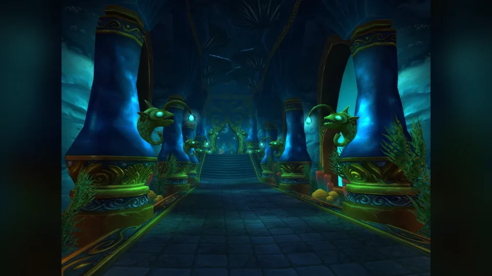 A long underwater hall with glowing blue pillars and angler-fish statues leads to a door in Vashj'ir.