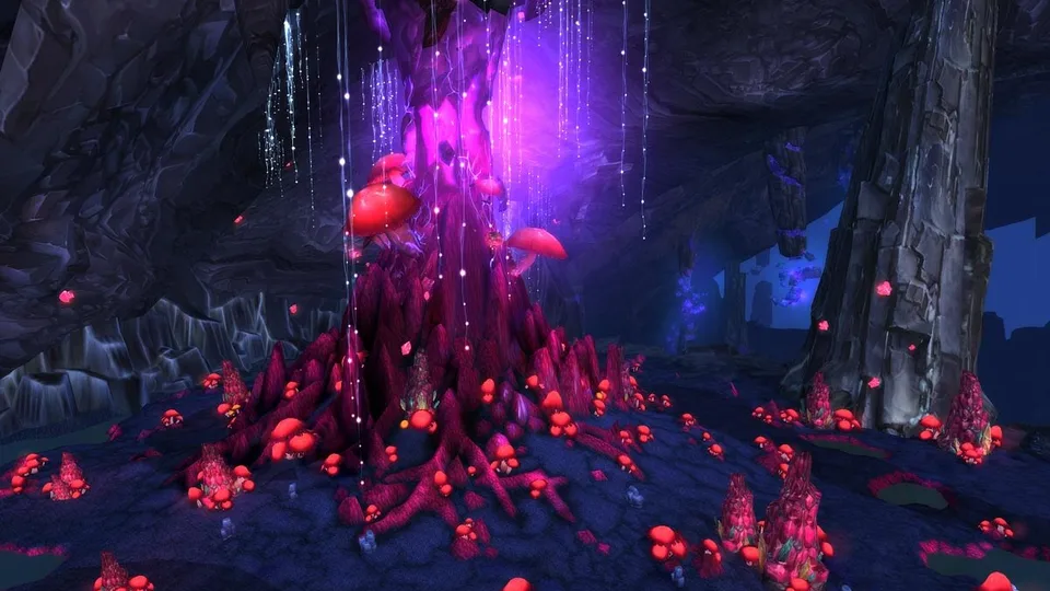 A glowing red-capped mushroom tree and glowing roots inside a dark cavern in Deepholm.