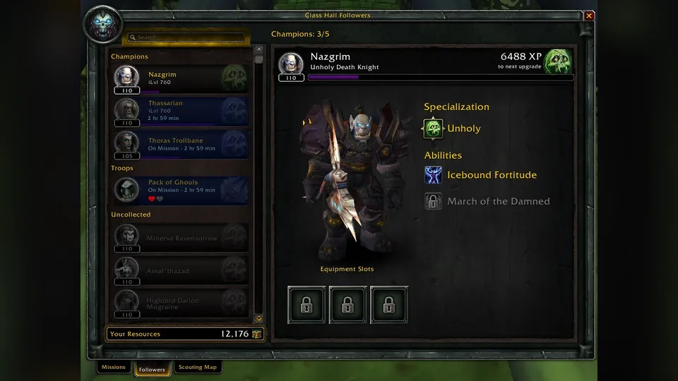 The Death Knight class hall followers window showing a follower model and a list of champions and troops.