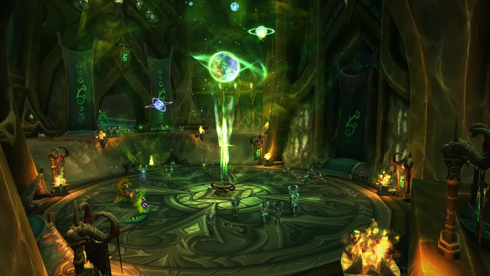 A Demon Hunter class hall interior with a green orb and many NPCs.