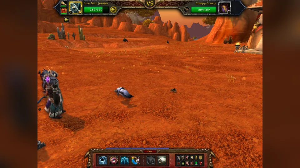 A pet battle in a red-rock zone with the versus bar and pet ability action bar visible beside a tauren character.