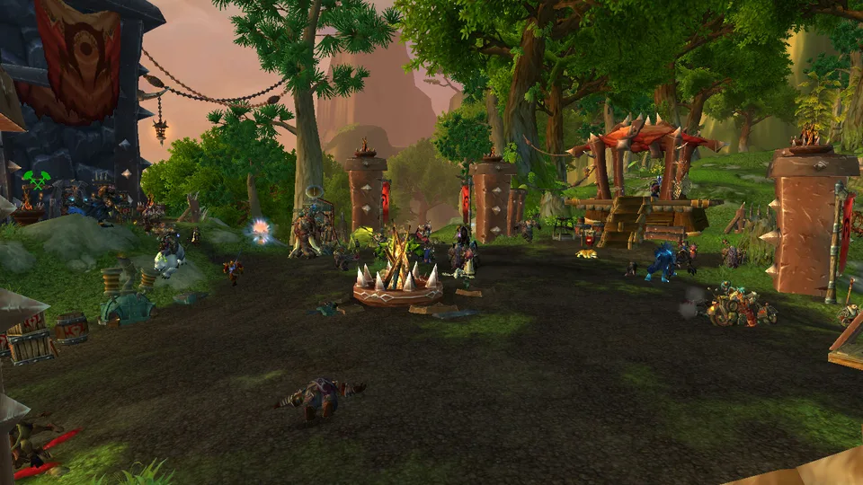 A Horde camp crowded with players around a campfire under Horde banners.