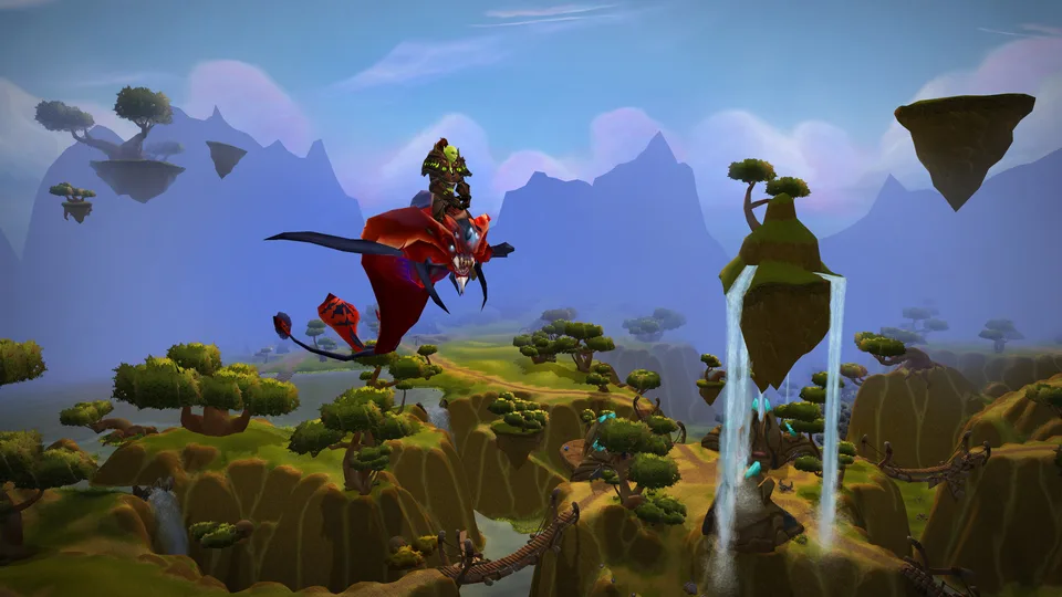 A rider on a red flying mount soars over the floating islands and waterfalls of Nagrand.