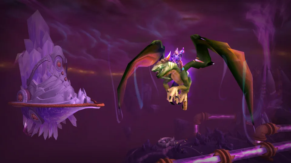 A rider on a Netherwing drake flies past a floating crystal structure in the purple Netherstorm sky.