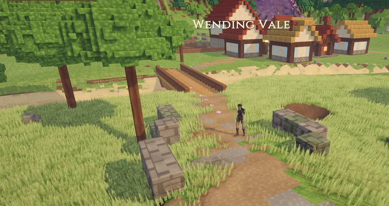 The road into the Wending Vale: a stone path, a wooden bridge and a village, with a blighted violet hill behind.