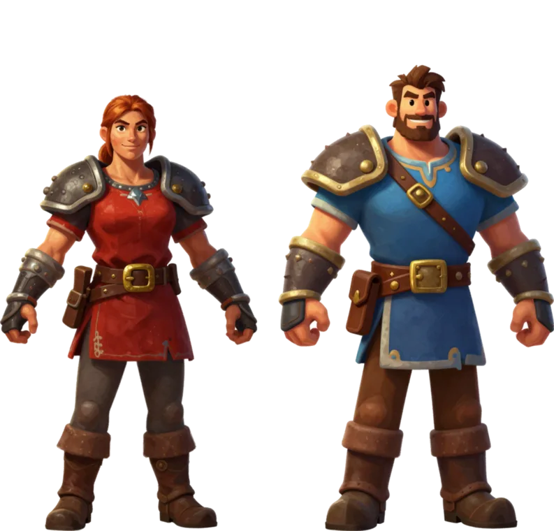 Concept art of a Settler woman and man in leather and steel pauldrons.